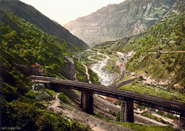 Gotthardbahn bei Giornico im Tessin, Schweiz, Ende 19. Jh.