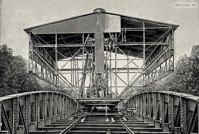 Arbeitskran mit hydraulischen Nietmaschinen.