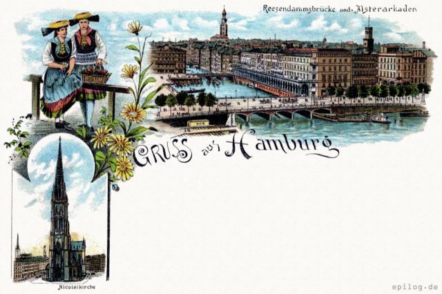 Hamburg. Reesendammbrücke, Alsterarkaden und Nicolaikirche.