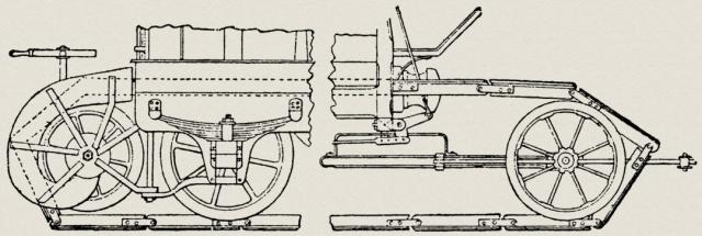 Vor- und Rückseite eines mit Schienen ohne Ende versehenen Wagens.