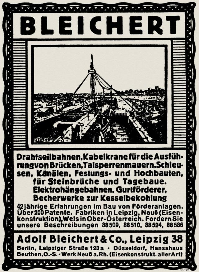 Reklame für Bleichert Drahtseilbahnen von 1918.