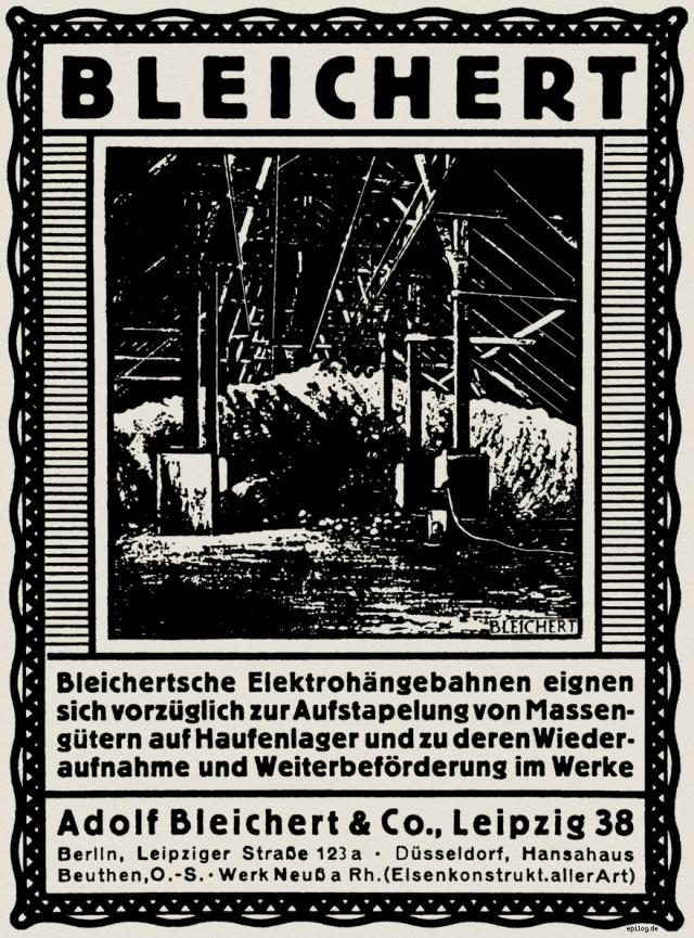 Reklame für Bleichert Elektrohängebahnen von 1918.