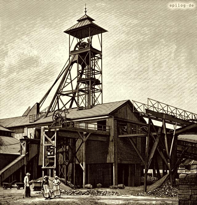 Die oberirdischen Anlagen eines Kohlenbergwerks.