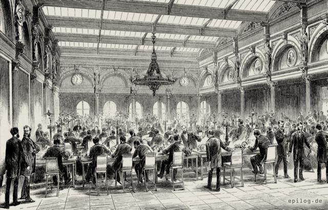 Hauptapparatensaal des Reichstelegrafenamtes in Berlin.